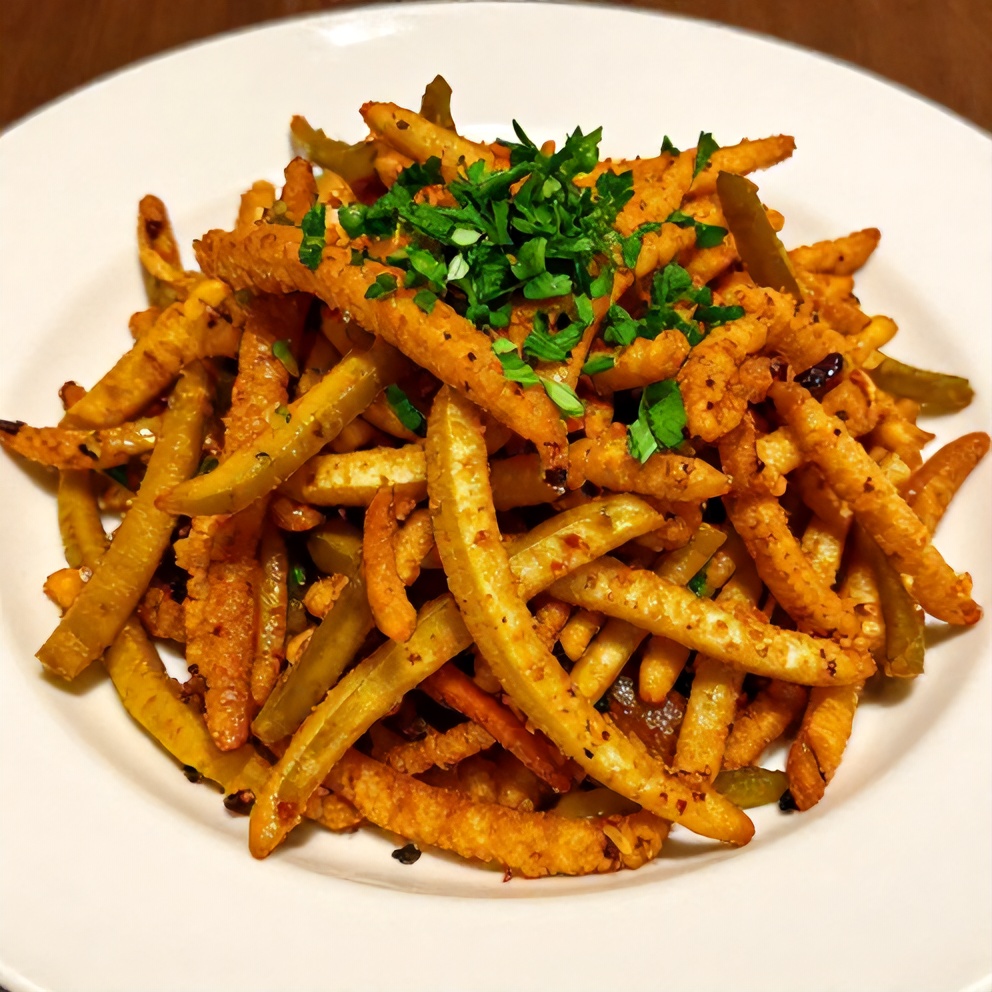 Plated serving of crispy sweet and spicy pickle slaw on a white plate