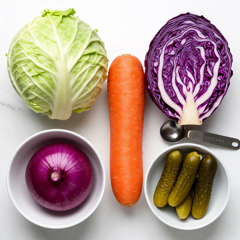 Raw ingredients for sweet and spicy pickle slaw on a white marble surface
