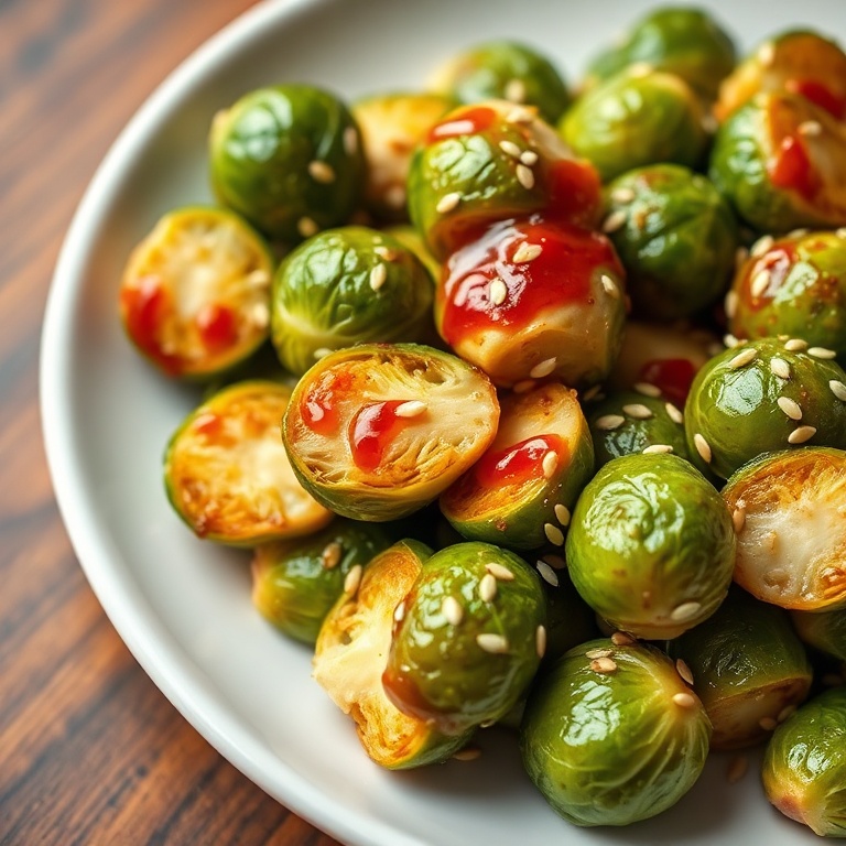 Plated Brussels sprouts with a sweet chili glaze and sesame seeds on a white plate