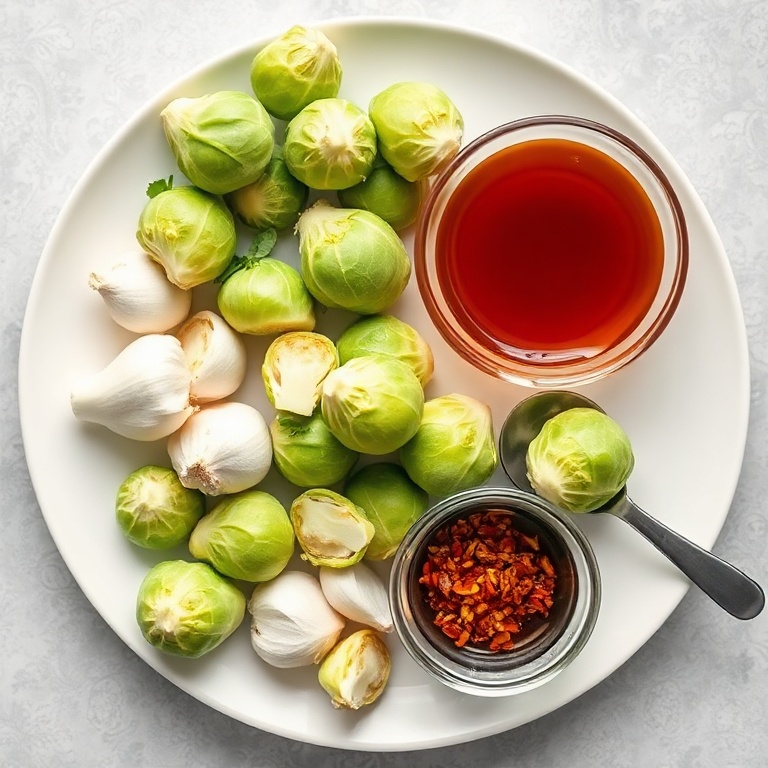 Fresh Brussels sprouts, garlic, honey, soy sauce, and chili flakes arranged on a white plate