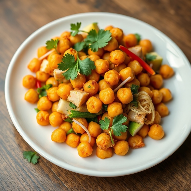 Plated Crispy Thai Chickpea Salad with cilantro garnish. Close-up of the crunchy texture and vibrant colors on a white plate.