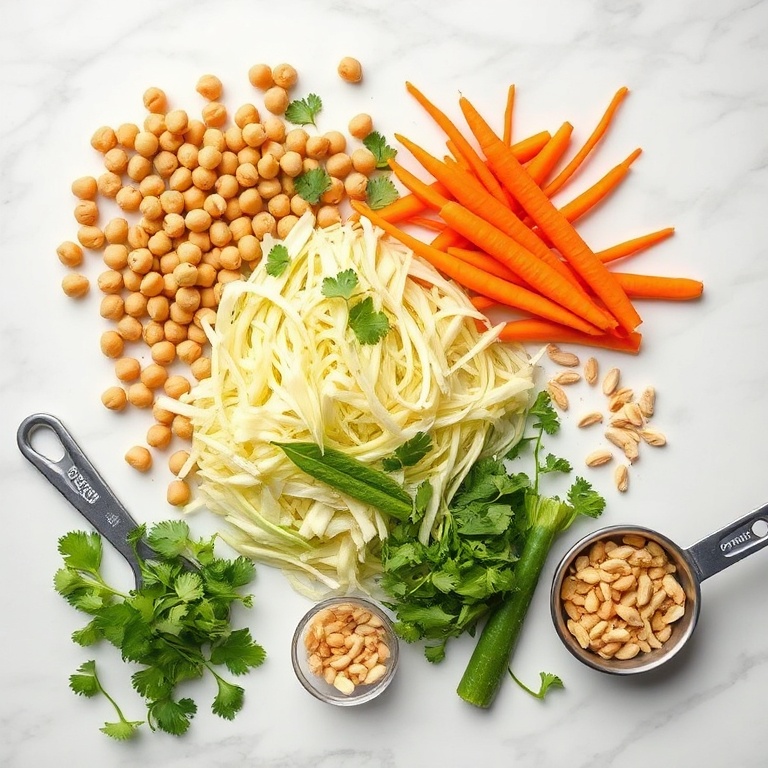 Raw ingredients for Crispy Thai Chickpea Salad: chickpeas, cabbage, carrots, cilantro, and peanuts arranged in a flat lay with measuring tools.