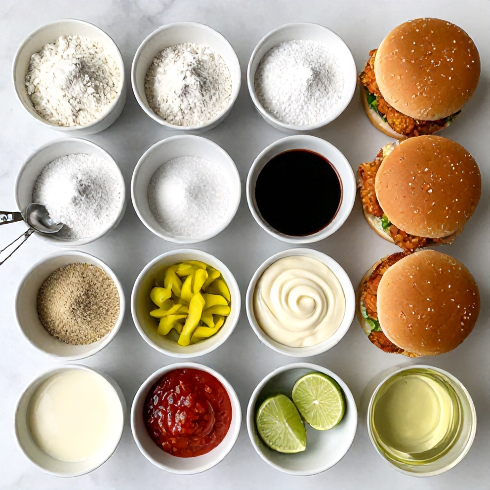 Thai fried chicken sandwich ingredients flat lay