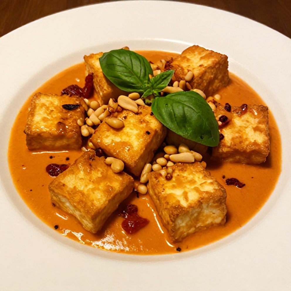 Plated crispy tofu in creamy sun-dried tomato sauce