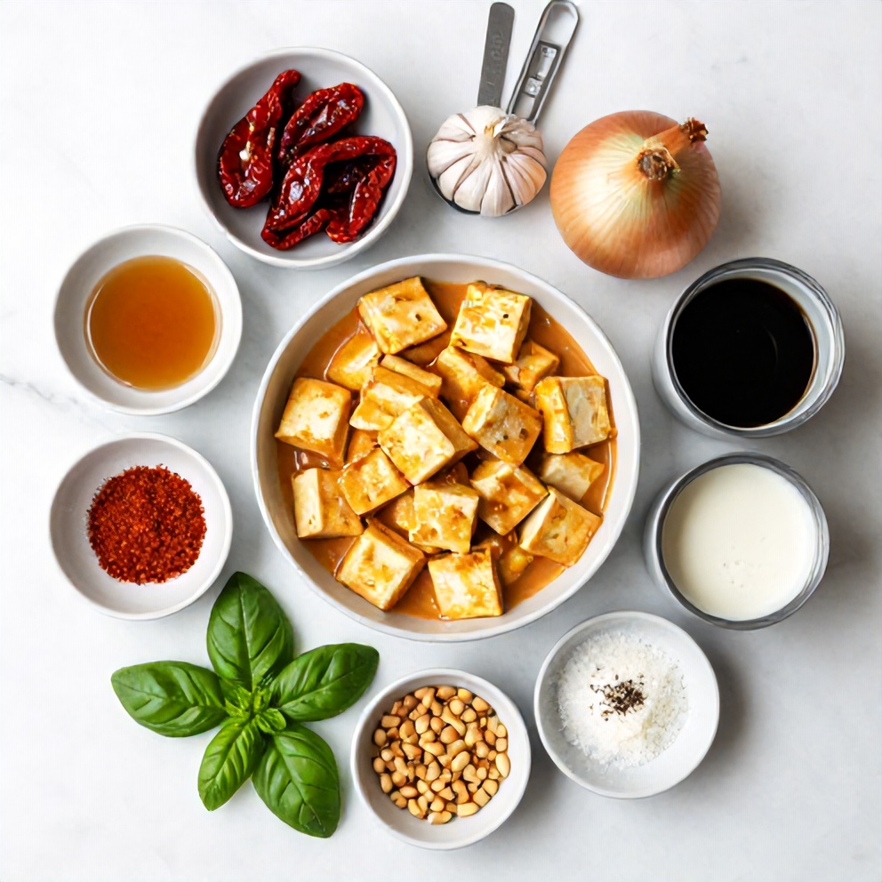 Raw ingredients for crispy tofu in creamy sun-dried tomato sauce