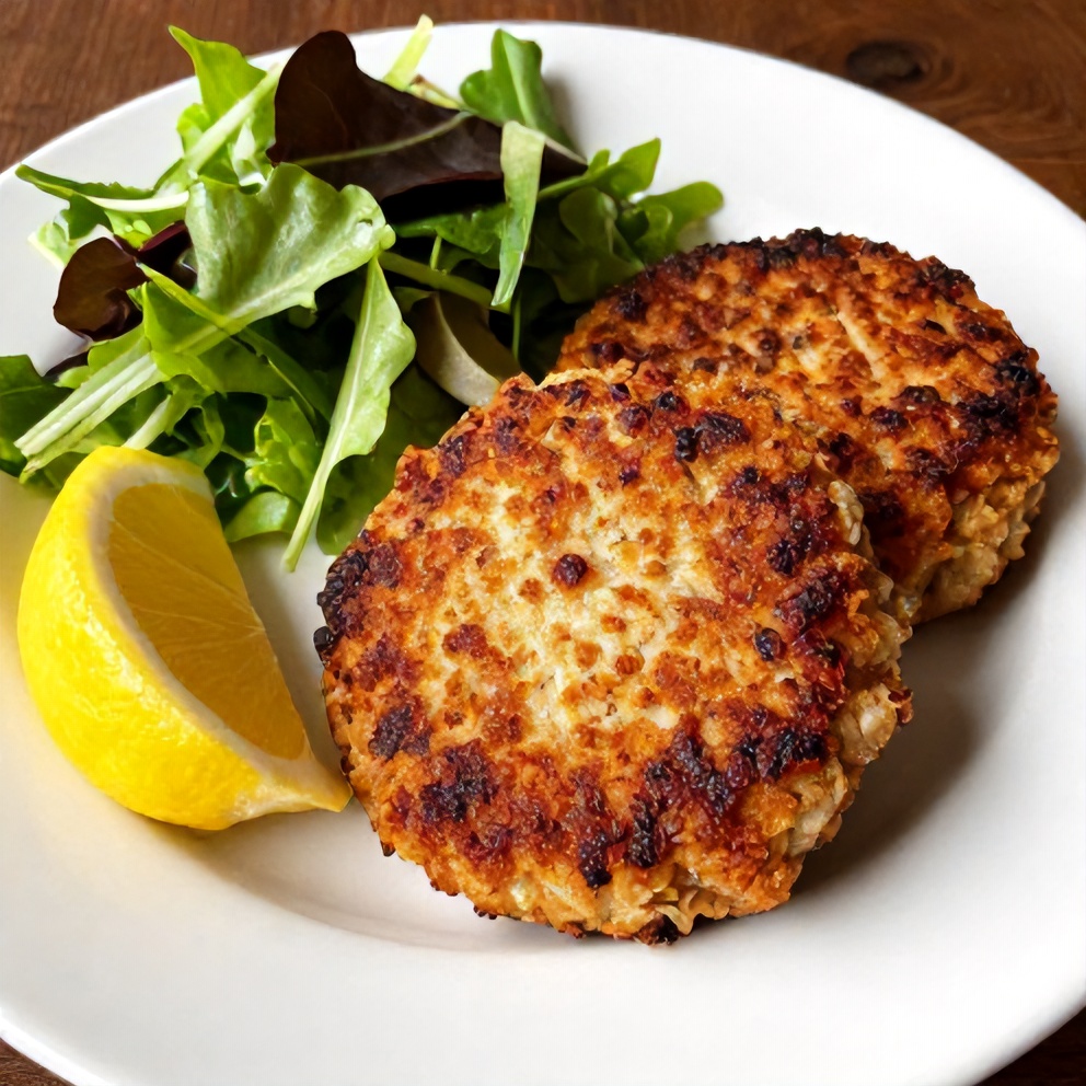 Plated Crispy Tuna Patties with a side of greens