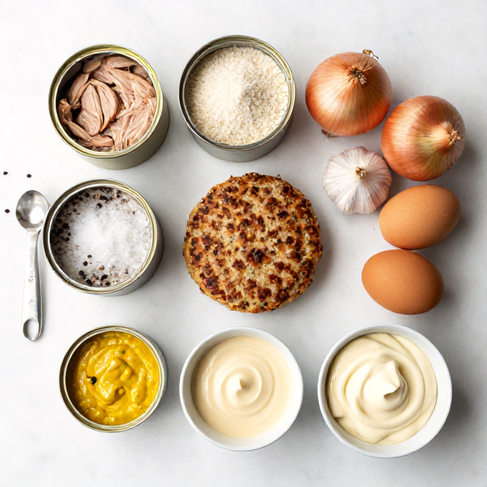 Raw ingredients for Crispy Tuna Patties on a marble surface