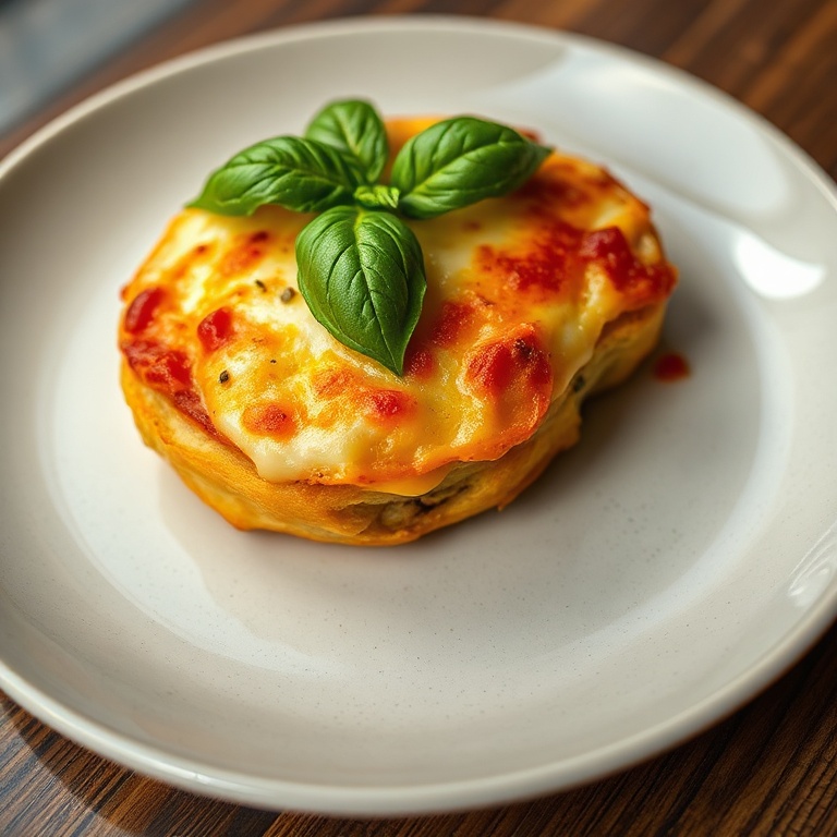 Perfect plated serving of the finished dish. Topped with fresh basil. Close crop showing golden crust and melty cheese. Warm side lighting highlights texture. Photorealistic food photography, no text, no watermark.