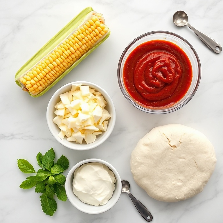 Overhead flat lay of the raw ingredients for this recipe. Fresh corn, seitan, BBQ sauce, mozzarella, and pizza dough. Prep bowls and measuring spoons visible. White marble surface. Bright even natural light. Photorealistic overhead food photography, no text, no watermark.