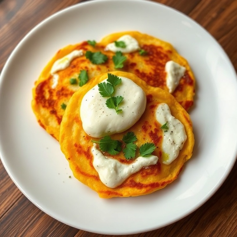Perfectly plated crispy Venezuelan corn pancakes with mozzarella, garnished with fresh cilantro on a white plate.