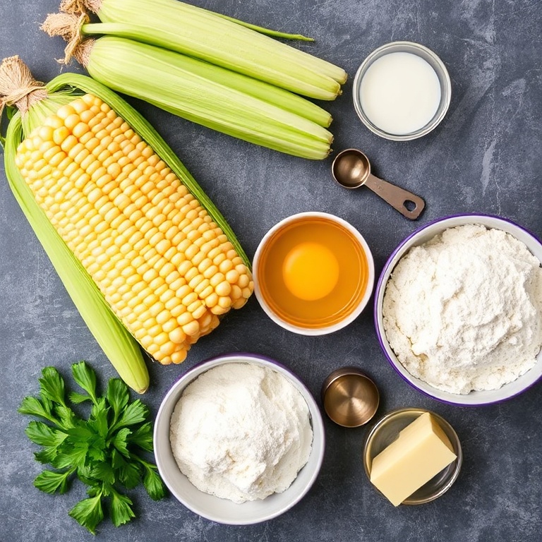 Fresh corn, mozzarella, eggs, flour, and butter arranged in an overhead flat lay. Measuring spoons and bowls visible.