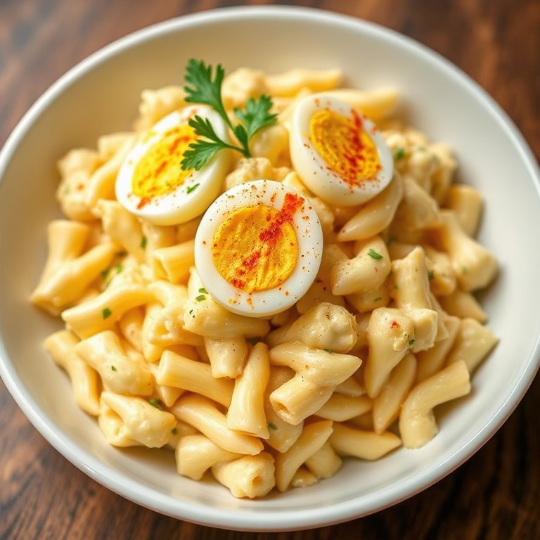 A bowl of deviled egg pasta salad, topped with paprika and fresh parsley, close up and creamy