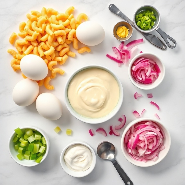 Overhead view of pasta, hard-boiled eggs, mayonnaise, Dijon mustard, celery, plus bowls with ingredients on marble
