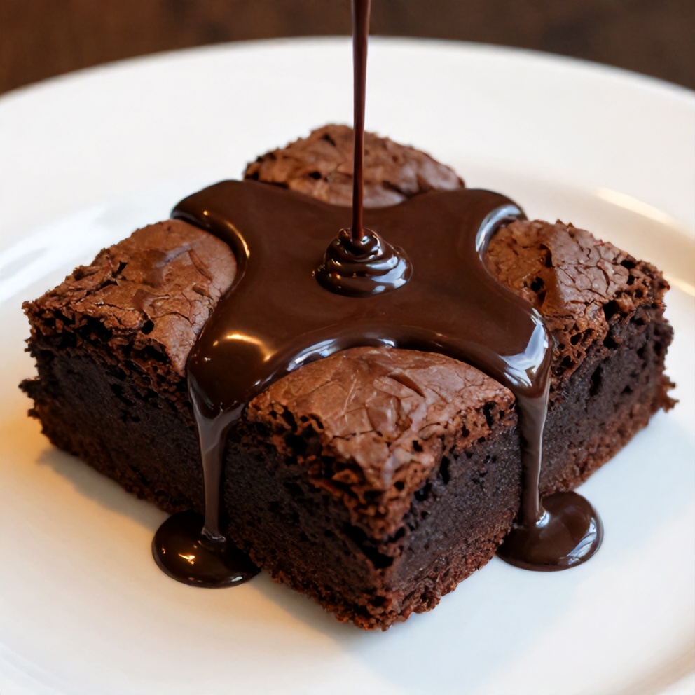 Plated serving of Dr Pepper Brownies with chocolate sauce