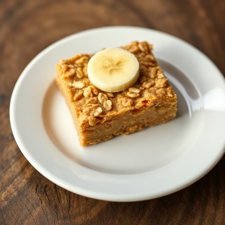 One peanut butter banana bar with sliced banana garnish on a small white plate, soft golden texture highlighted by side lighting.