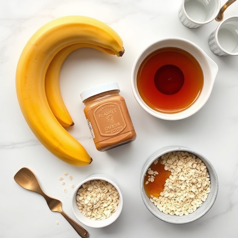 Overhead shot of ripe bananas, creamy peanut butter, rolled oats, and pure maple syrup with measuring cups and bowls on white marble.