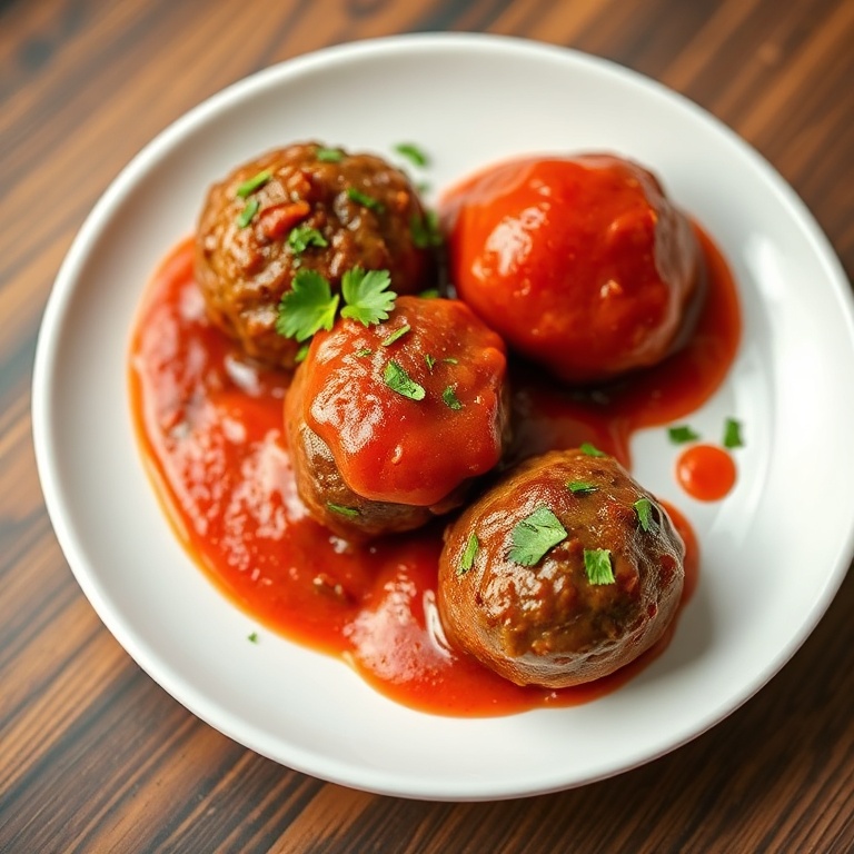 Perfectly plated air fryer meatballs with a red sauce and fresh herbs. Close crop showing texture. White ceramic plate. Warm side lighting. Photorealistic food photography. No text. No watermark.