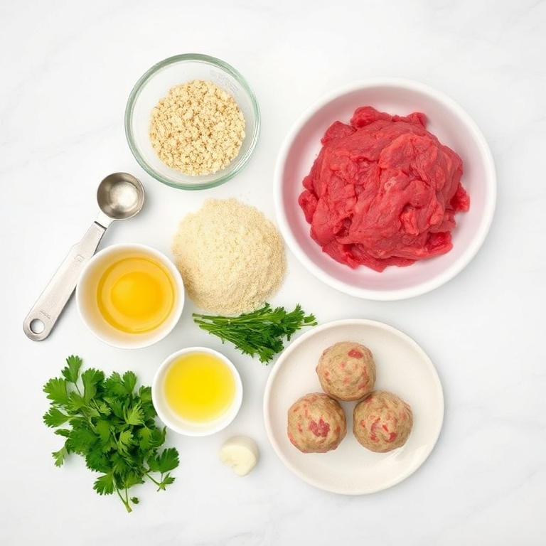Raw ingredients for air fryer meatballs arranged in an overhead flat lay. Ground beef, breadcrumbs, egg, garlic, and parsley visible. Measuring spoons and cups nearby. Bright even light. White marble surface. No text. No watermark.