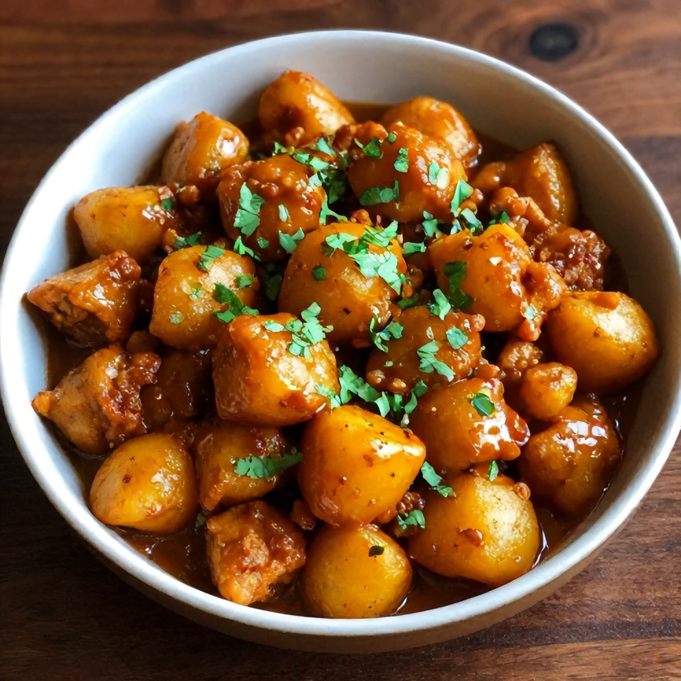 Plated Aloo Keema with a sprinkle of fresh cilantro