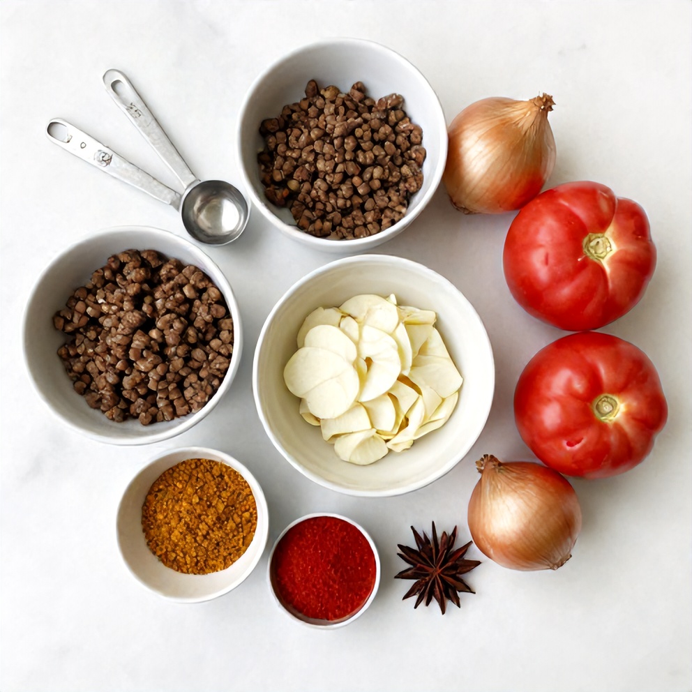 Raw ingredients for Aloo Keema: potatoes, ground beef, onions, tomatoes, and spices
