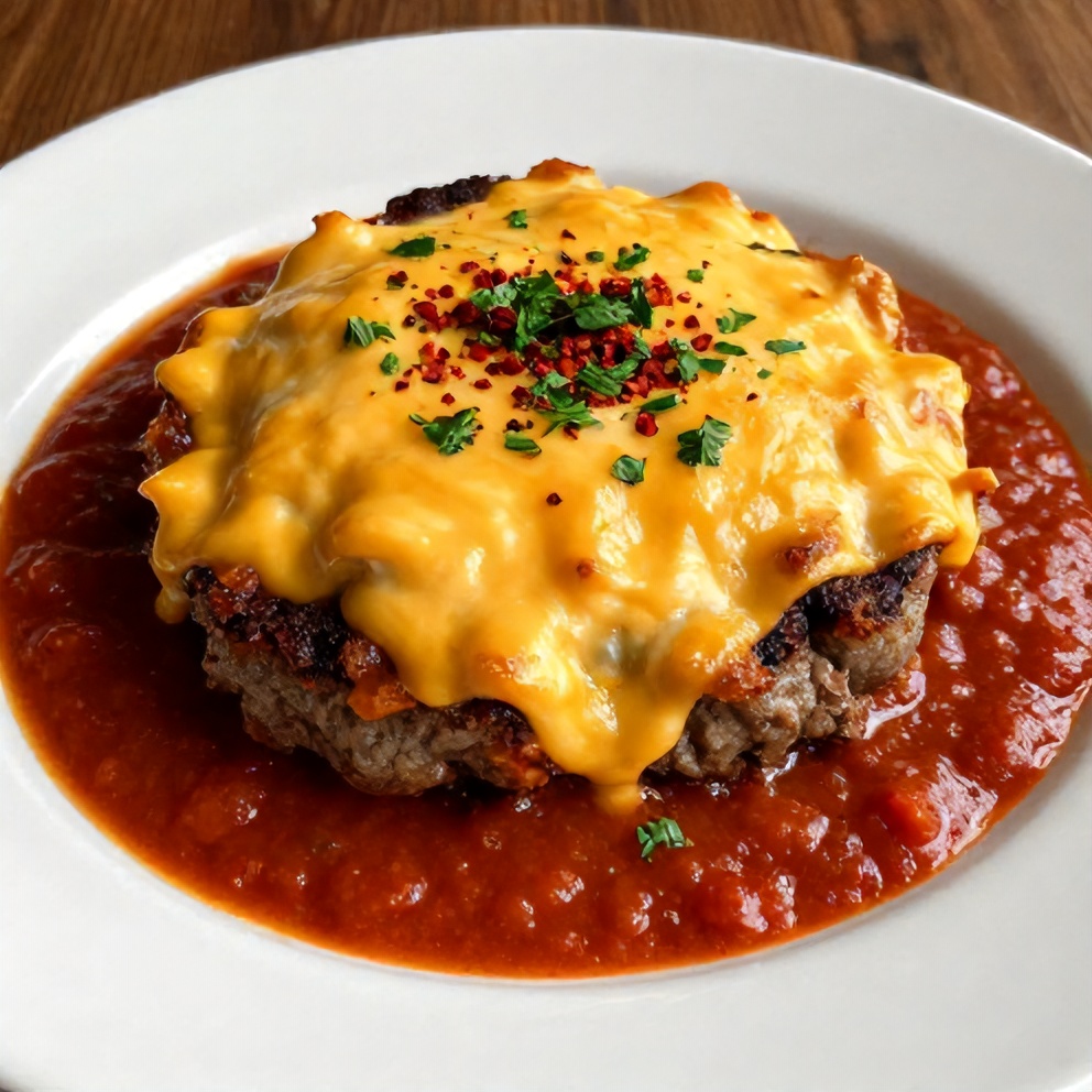 Plated Amish Hamburger Steak Bake with cheddar cheese