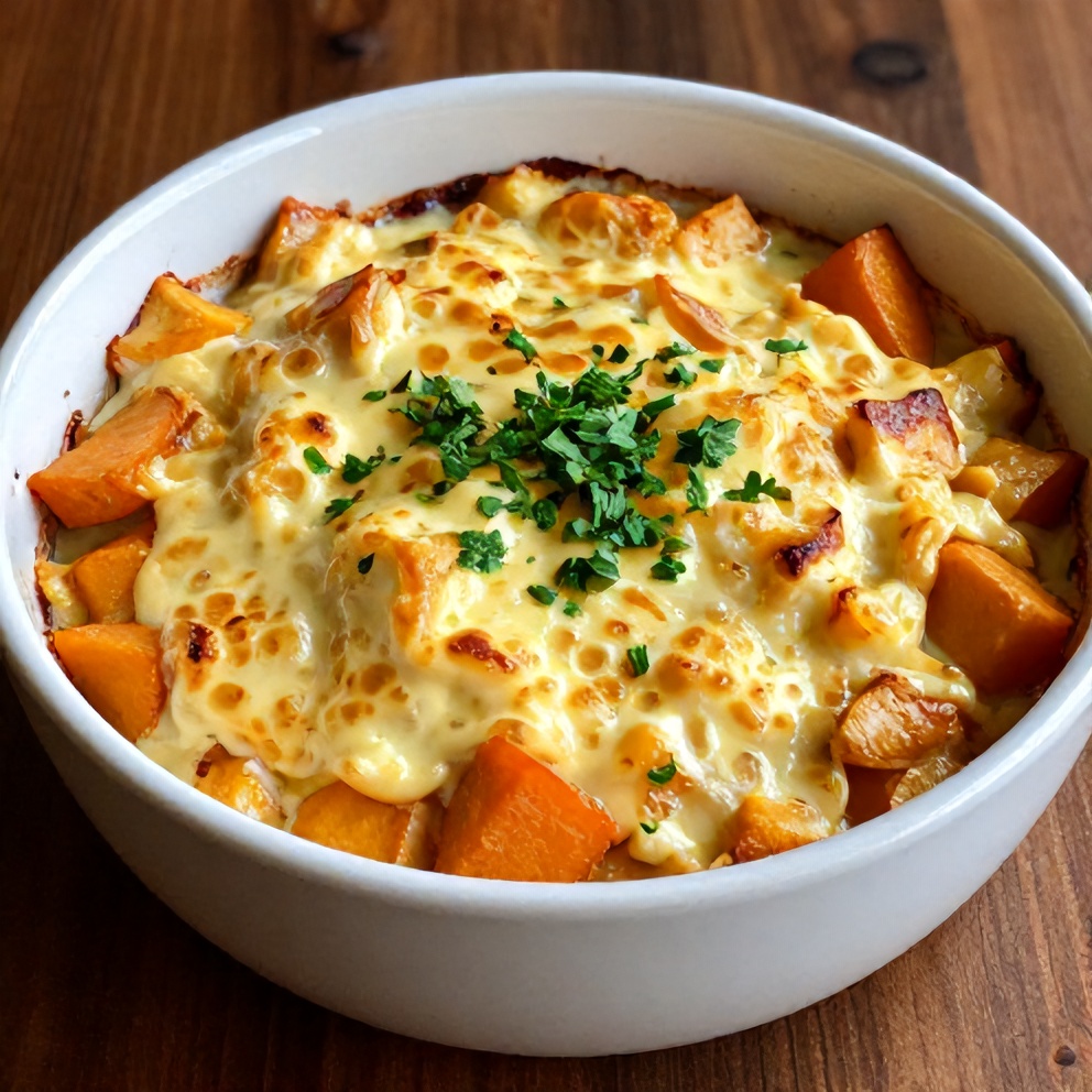 Plated serving of Apple Butternut Squash Casserole with a sprinkle of parsley