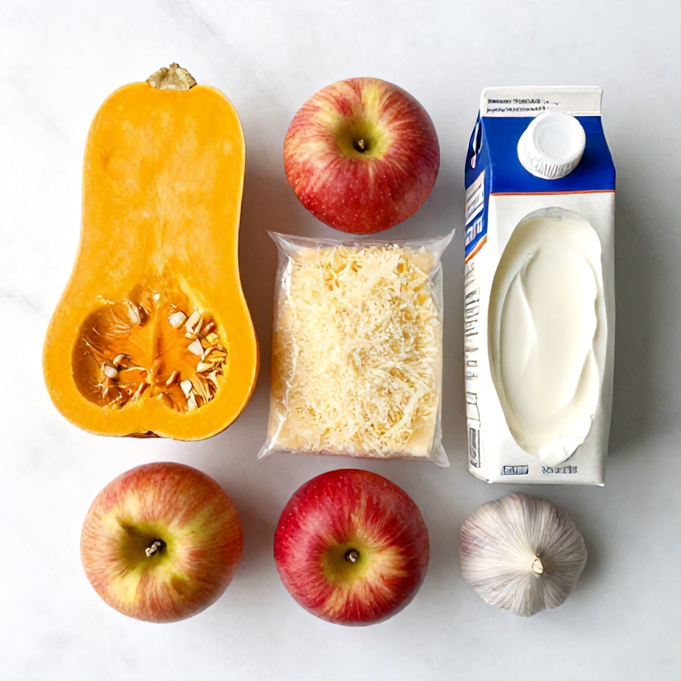 Raw ingredients for Apple Butternut Squash Casserole on a white marble surface