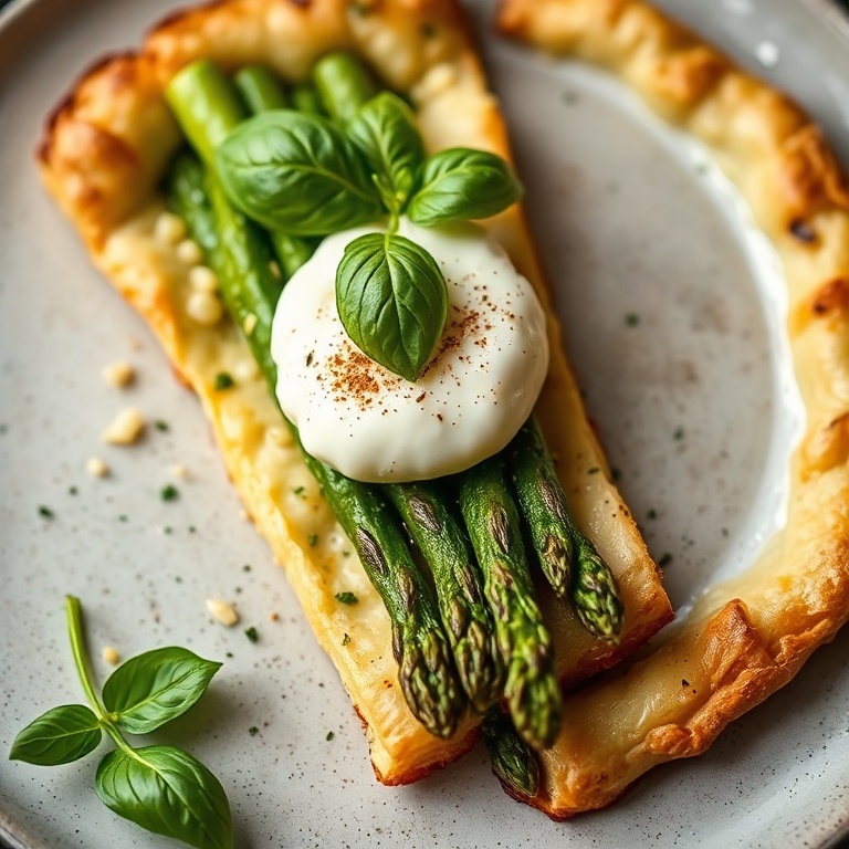 Perfectly plated asparagus galette. Topped with fresh basil. Creamy burrata and crispy edges. Close crop showing texture and garnish.