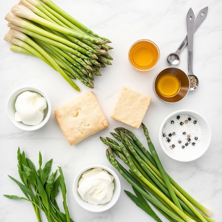 Fresh asparagus, leeks, burrata cheese, puff pastry, olive oil, garlic, salt, and pepper arranged in an overhead flat lay. Measuring spoons and bowls visible. Bright natural light.
