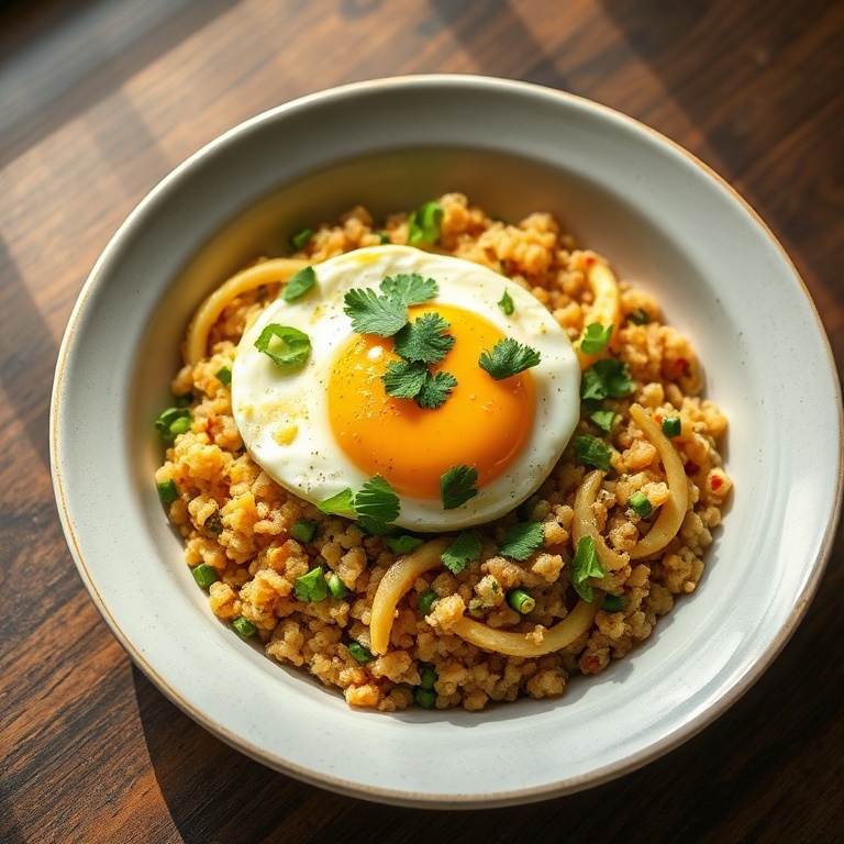 A perfectly plated avocado egg quinoa bowl with a sprinkle of cilantro. Warm lighting highlights the texture.