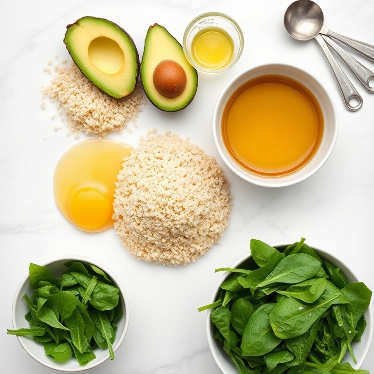All raw ingredients for avocado egg quinoa bowl arranged in flat lay. Quinoa, eggs, avocado, olive oil, and spinach visible.