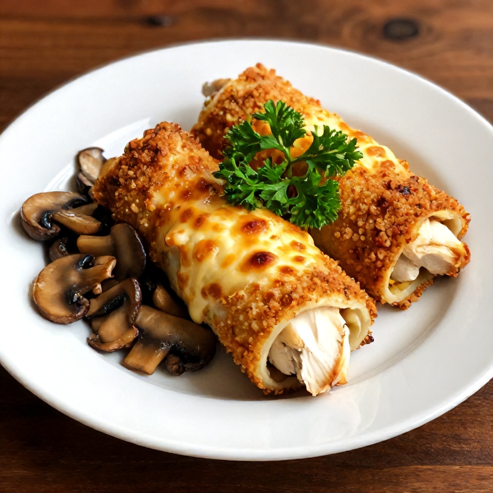 Plated chicken roll ups with a side of sautéed mushrooms