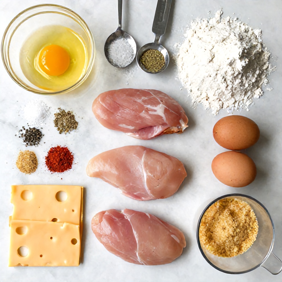 Raw ingredients for chicken roll ups: chicken breasts, ham, Swiss cheese, etc.