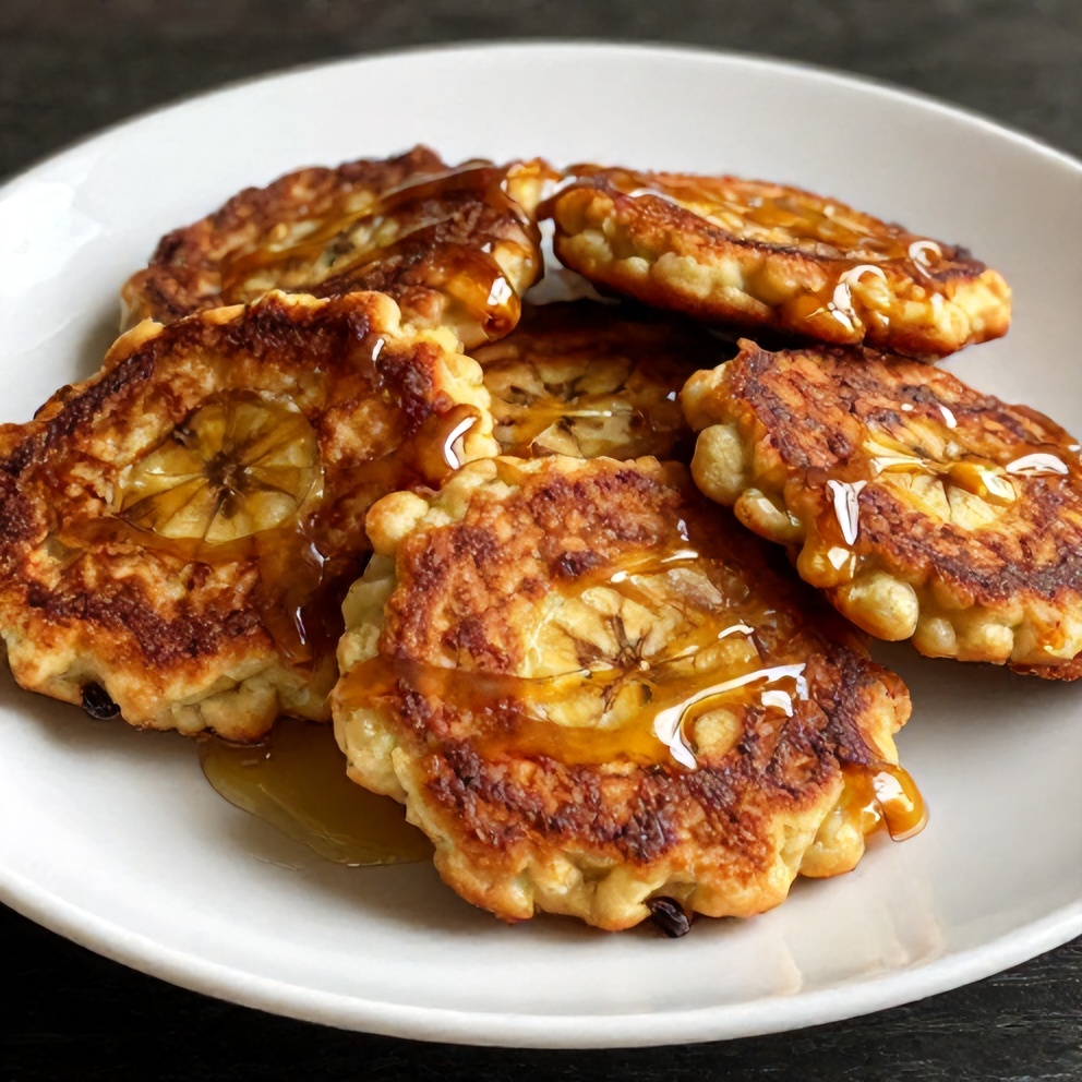 One perfect plated serving of baked cinnamon banana fritters with a honey drizzle