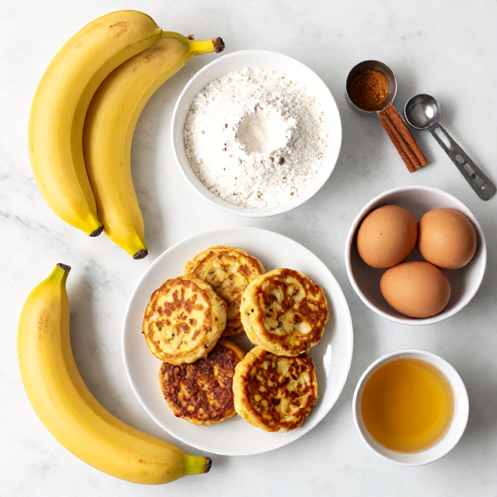 Overhead flat lay of ripe bananas, cinnamon, flour, eggs, and honey for banana fritters