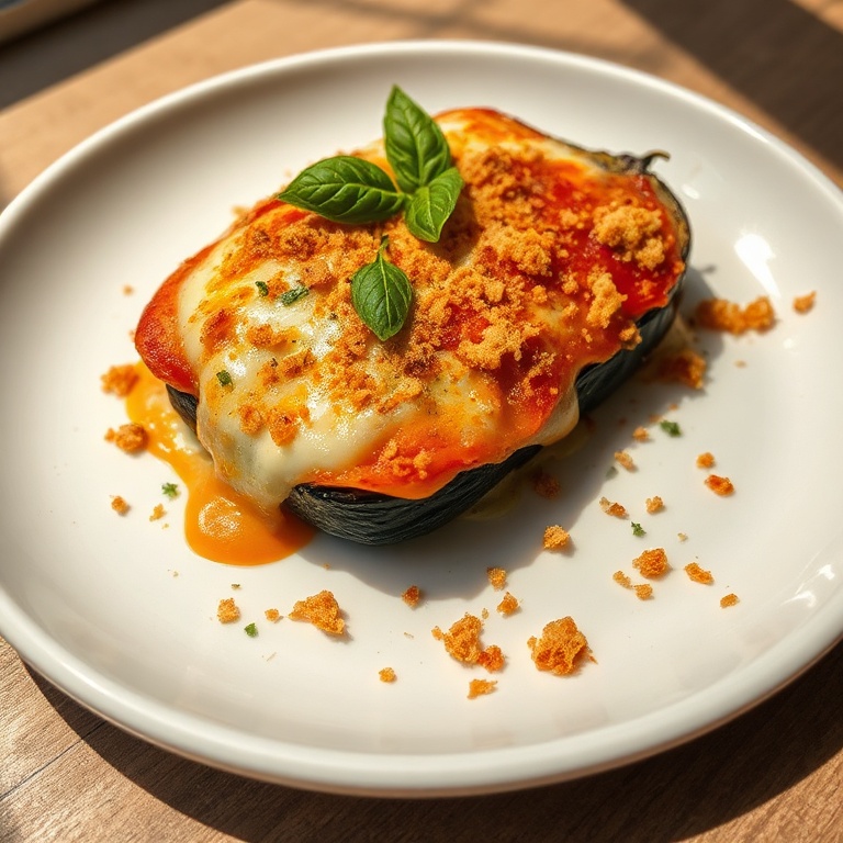 A plated serving of baked eggplant parmesan with fresh basil garnish on a white plate, golden cheese and crisp edges, closely cropped with warm side lighting.