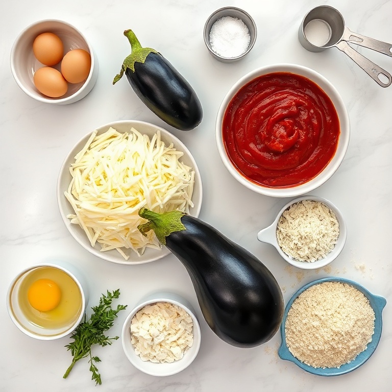 Overhead flat lay with fresh eggplants, shredded mozzarella, parmesan cheese, marinara sauce, and breadcrumbs as main focus. Measuring cups and prep bowls on white marble surface.
