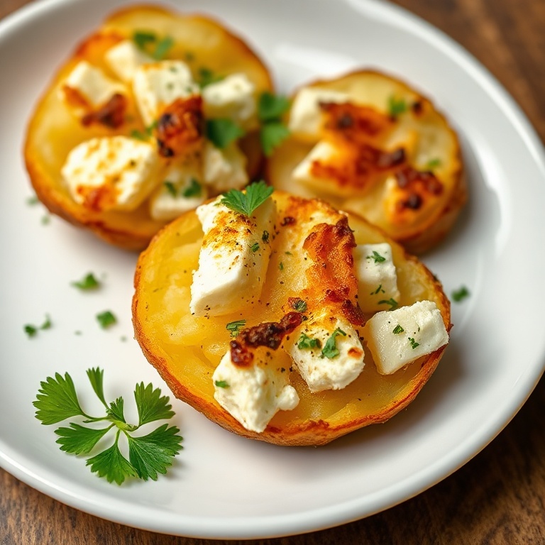 Crispy baked feta potatoes on a white plate with fresh parsley as garnish.