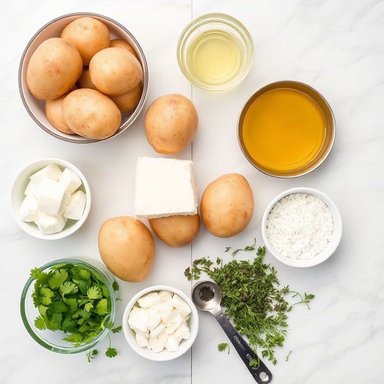 Fresh potatoes, feta cheese, garlic, herbs, olive oil, salt, and pepper arranged in an overhead flat lay.
