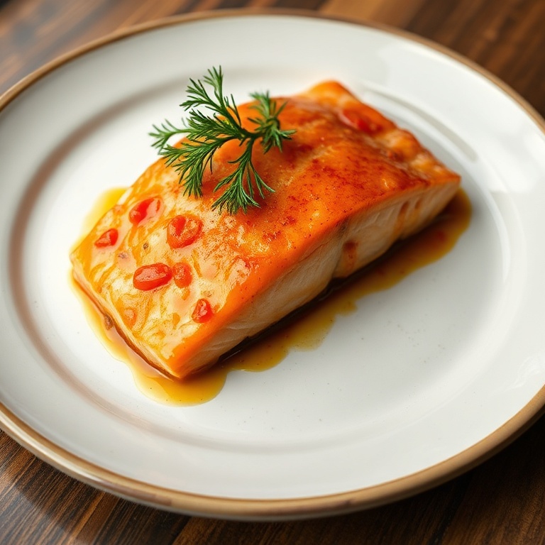 Plated salmon with garlic-paprika glaze. Fresh dill garnish. White plate with dark rim. Warm side lighting showing texture. Photorealistic food photography style.