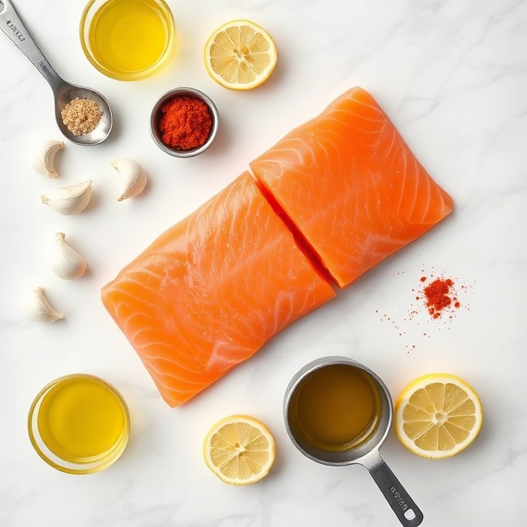 Raw salmon fillets, garlic cloves, smoked paprika, olive oil, and lemon slices arranged in an overhead flat lay. Measuring spoons and bowls visible. White marble surface. Bright even light. Photorealistic overhead food photography.