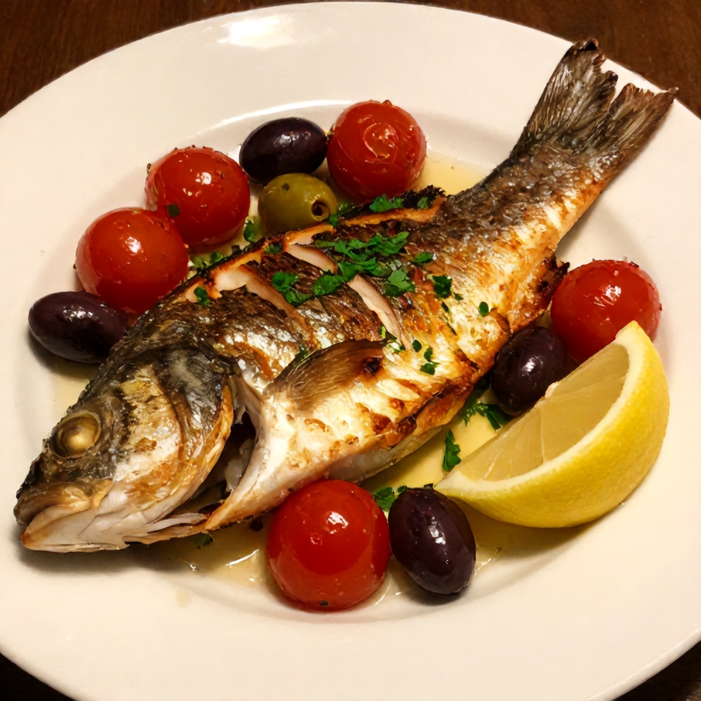 Plated baked sea bass with olives and cherry tomatoes