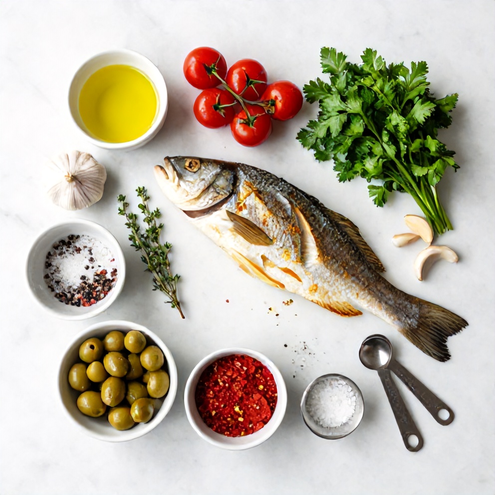 Raw ingredients for baked sea bass with olives and cherry tomatoes