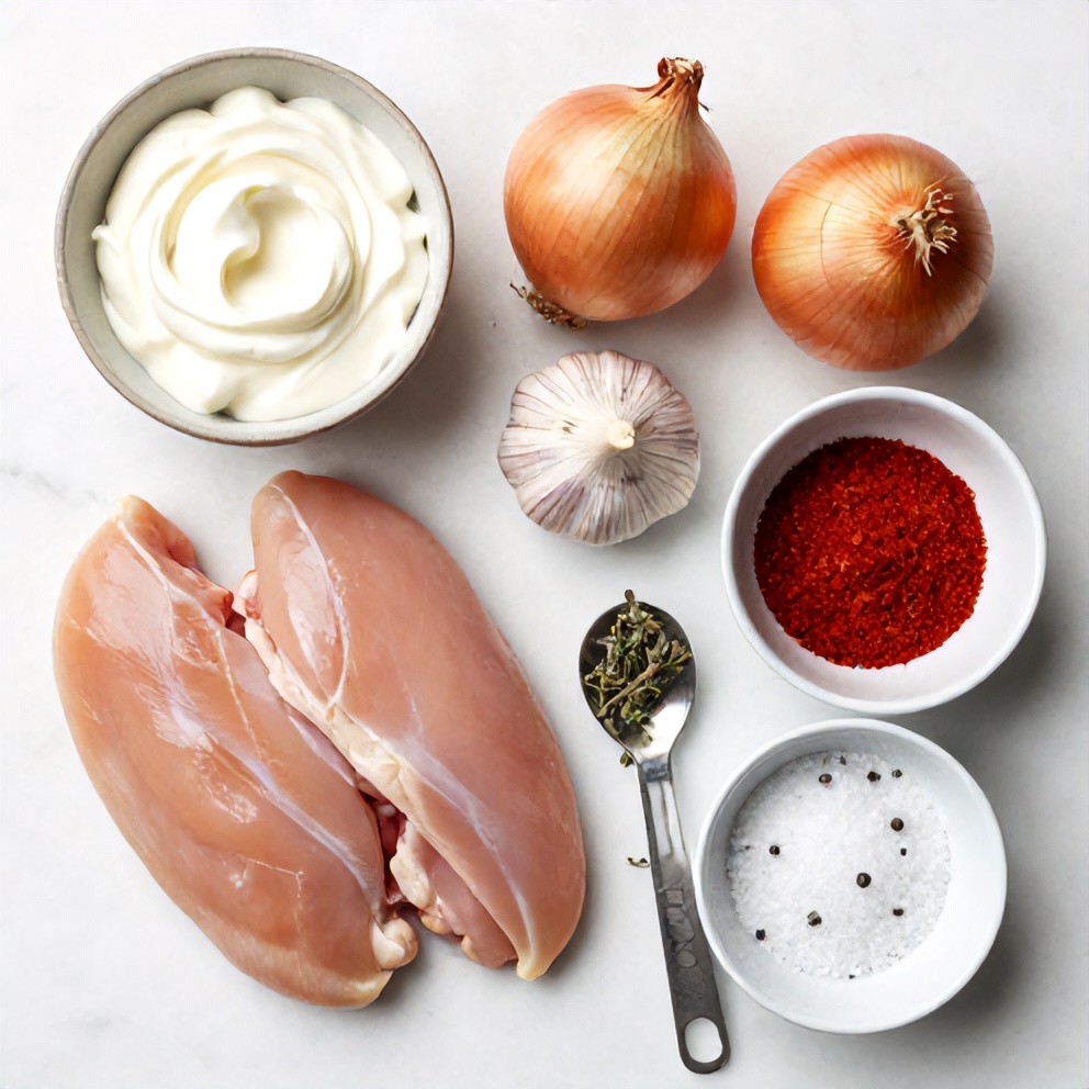 Raw ingredients for easy baked sour cream and onion chicken