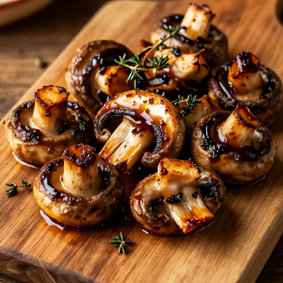 Plated serving of Balsamic Roasted Garlic Mushrooms on a rustic wooden board, garnished with fresh thyme, ready to be served.