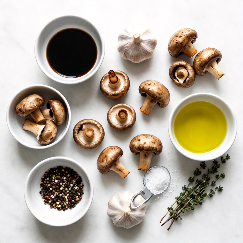Raw ingredients for Balsamic Roasted Garlic Mushrooms - Mushrooms, garlic, balsamic vinegar, olive oil, salt, pepper, and fresh thyme arranged on a white marble surface.