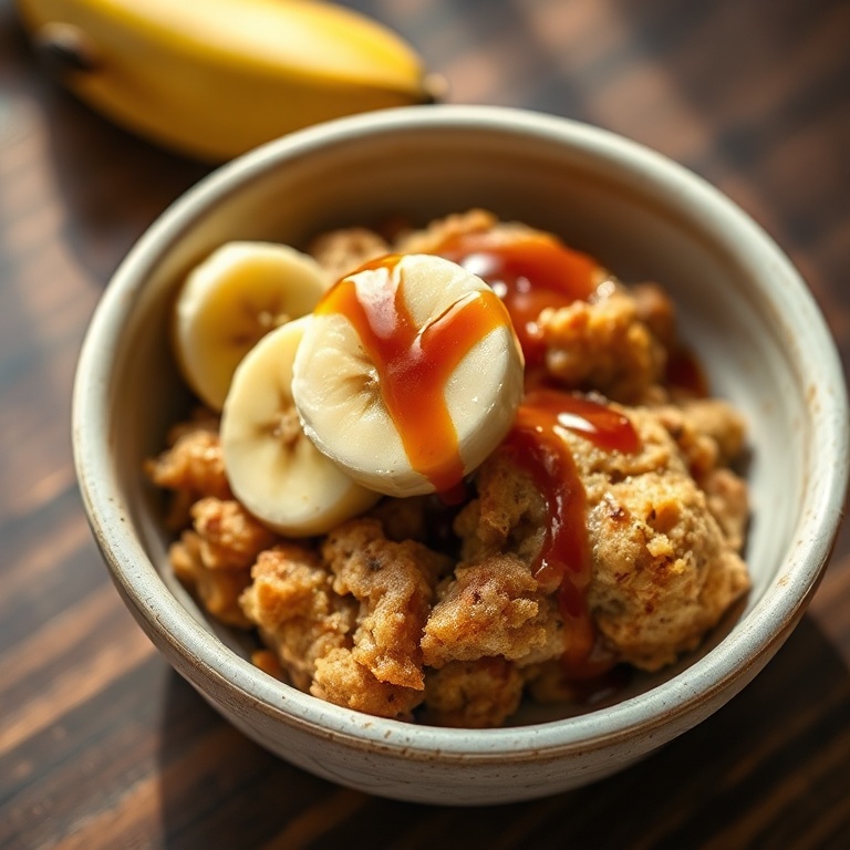 Cobbler served in a ceramic bowl with a slice of banana and a drizzle of glaze. Warm lighting highlights the texture.