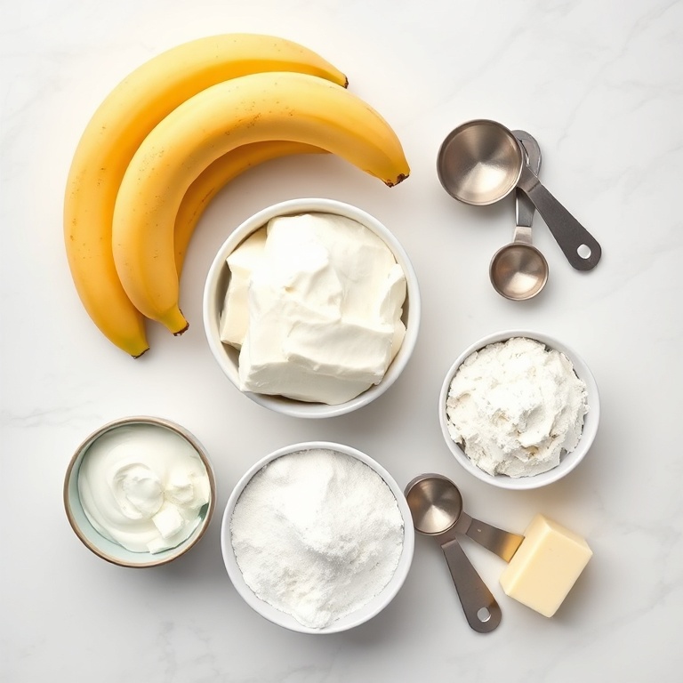 Bananas, cream cheese, flour, sugar, butter, and cinnamon arranged in a flat lay. Measuring cups and spoons nearby on a white surface.