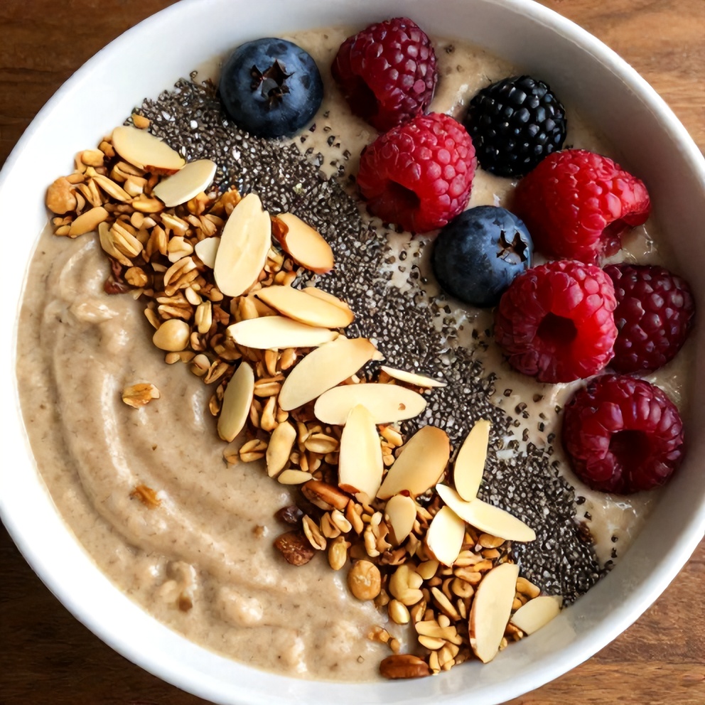 Banana Peanut Butter Oat Smoothie Bowl with Toppings