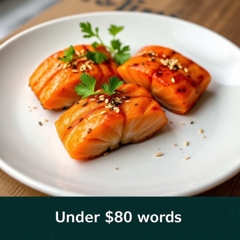 Salmon bites on a white plate. Crispy texture with sesame seeds and fresh cilantro. Warm side lighting. No text or watermark.